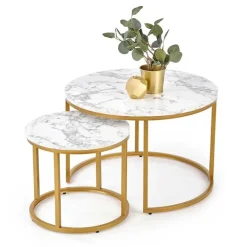 Set 2 tavolini rotondi da salotto effetto marmo bianco oro Lepi