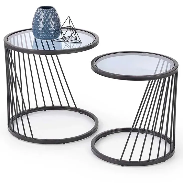 Set 2 tavolini 40x30cm da salotto rotondi vetro fumè acciaio nero Foglia