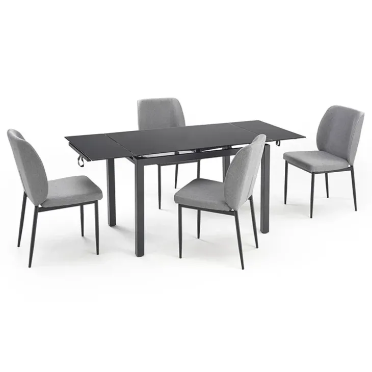 Set tavolo 110/170cm + 4 sedie imbottite grigio nero Albani