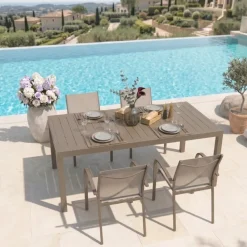 Set tavolo da giardino allungabile 200/300cm tortora + 4 sedie con braccioli tondi tortora Brezza