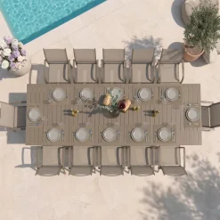 Set tavolo da giardino allungabile 200/300cm tortora + 4 sedie con braccioli tondi tortora Brezza