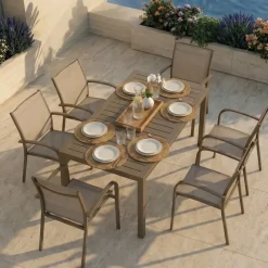 Set tavolo da giardino allungabile 160/240cm tortora + 4 sedie con braccioli tondi tortora Brezza