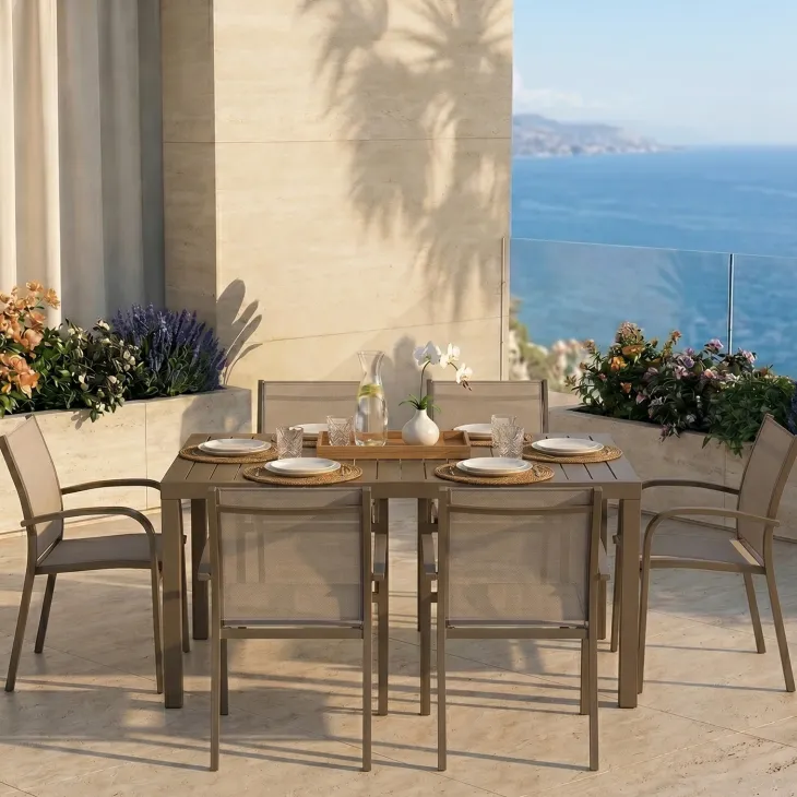 Set tavolo da giardino allungabile 160/240cm tortora + 4 sedie con braccioli tondi tortora Brezza