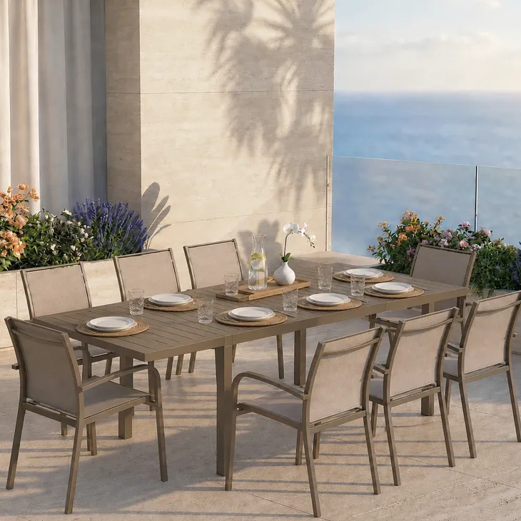 Set tavolo da giardino allungabile 160/240cm tortora + 4 sedie con braccioli tondi tortora Brezza