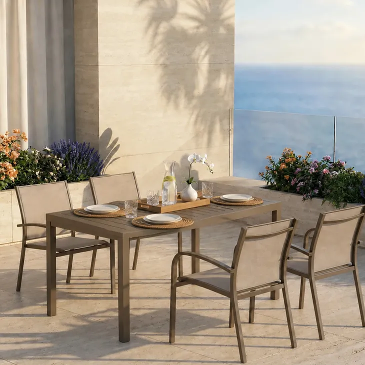 Set tavolo da giardino allungabile 160/240cm tortora + 4 sedie con braccioli tondi tortora Brezza
