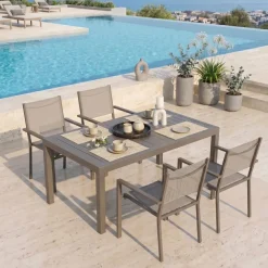 Set tavolo da giardino allungabile 160/240cm tortora + 4 sedie con braccioli quadrati tortora Brezza