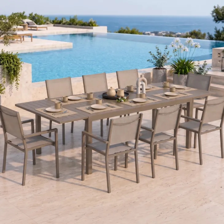 Set tavolo da giardino allungabile 160/240cm tortora + 4 sedie con braccioli quadrati tortora Brezza