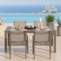Set tavolo da giardino allungabile 160/240cm tortora + 4 sedie con braccioli quadrati tortora Brezza