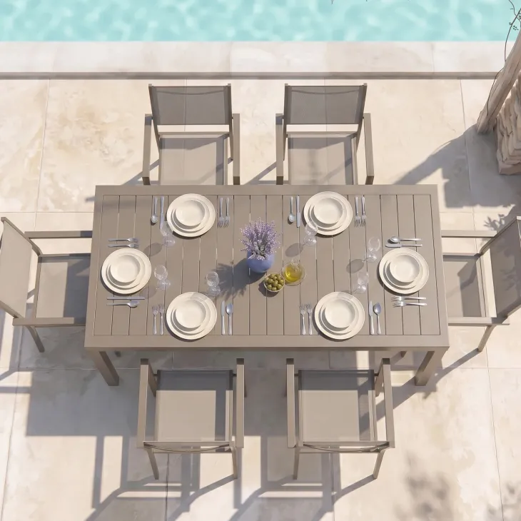 Set tavolo da giardino allungabile 200/300cm tortora + 6 sedie con braccioli quadrati tortora Brezza