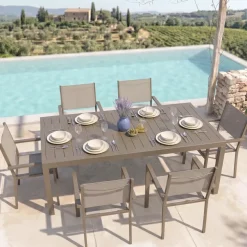 Set tavolo da giardino allungabile 200/300cm tortora + 6 sedie con braccioli quadrati tortora Brezza
