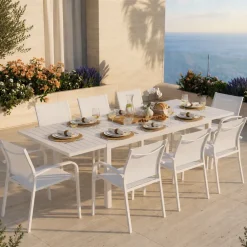 Set tavolo da giardino allungabile 160/240cm bianco + 4 sedie con braccioli tondi bianco Brezza