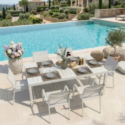 Set tavolo da giardino allungabile 200/300cm bianco + 6 sedie con braccioli tondi bianco Brezza