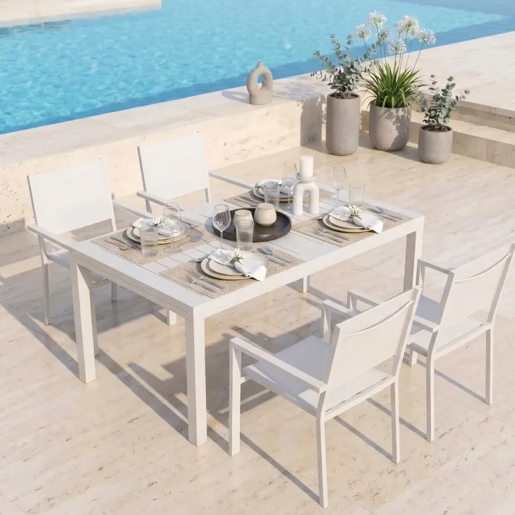 Set tavolo da giardino allungabile 160/240cm bianco + 4 sedie con braccioli quadrati bianco Brezza
