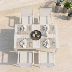 Set tavolo da giardino allungabile 160/240cm bianco + 4 sedie con braccioli quadrati bianco Brezza