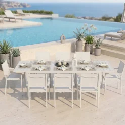 Set tavolo da giardino allungabile 160/240cm bianco + 4 sedie con braccioli quadrati bianco Brezza