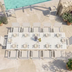 Set tavolo da giardino allungabile 200/300cm bianco + 6 sedie con braccioli quadrati bianco Brezza