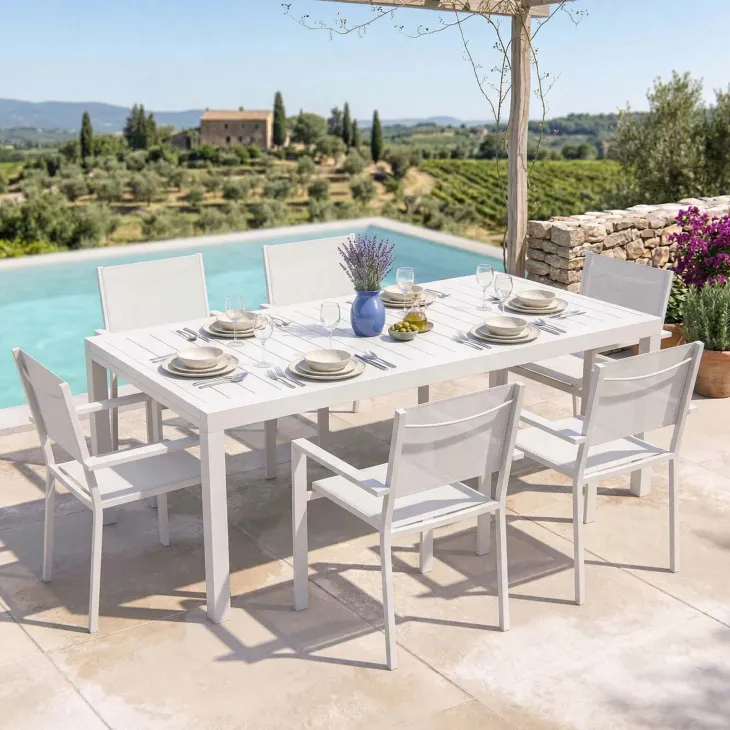 Set tavolo da giardino allungabile 200/300cm bianco + 6 sedie con braccioli quadrati bianco Brezza