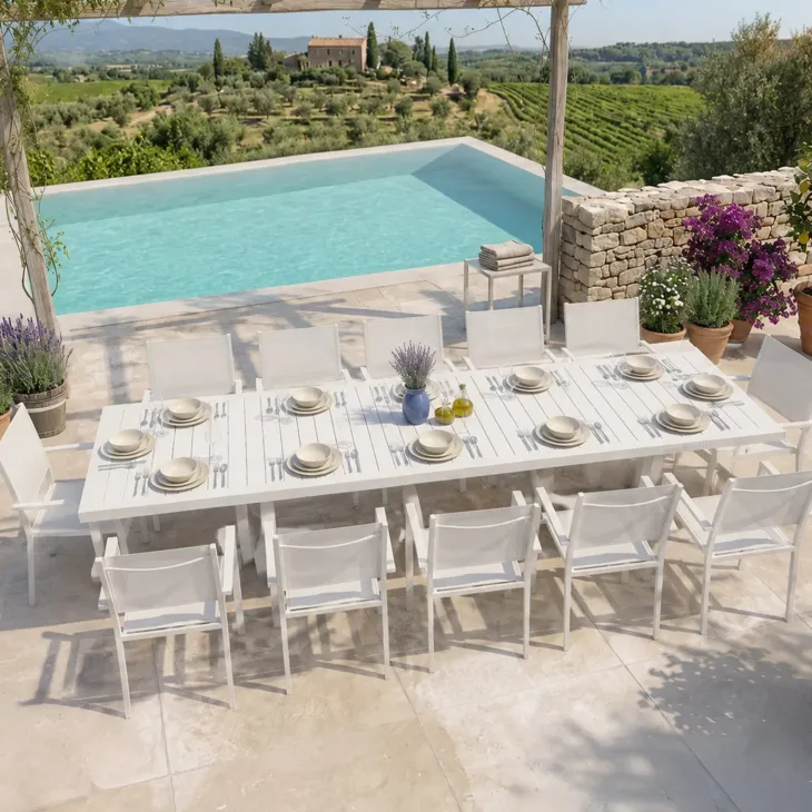 Set tavolo da giardino allungabile 200/300cm bianco + 6 sedie con braccioli quadrati bianco Brezza