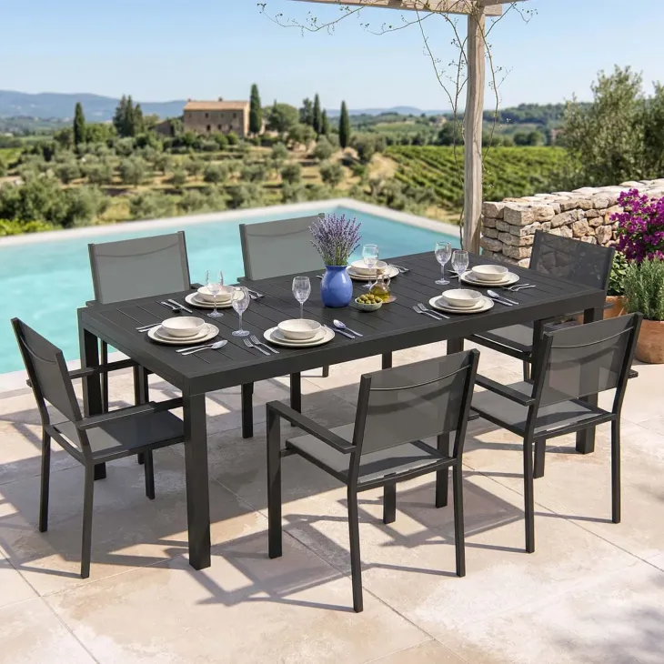 Set tavolo da giardino allungabile 200/300cm antracite + 6 sedie con braccioli quadrati antracite Brezza