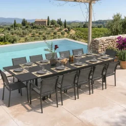 Set tavolo da giardino allungabile 200/300cm antracite + 6 sedie con braccioli quadrati antracite Brezza