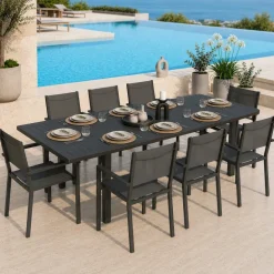Set tavolo da giardino allungabile 160/240cm antracite + 4 sedie con braccioli quadrati antracite Brezza