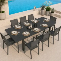 Set tavolo da giardino allungabile 160/240cm antracite + 4 sedie con braccioli quadrati antracite Brezza