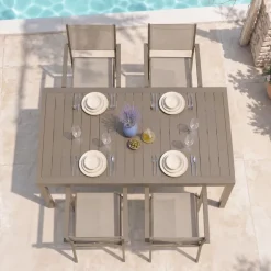 Set tavolo da giardino allungabile 200/300cm tortora + 4 sedie con braccioli quadrati tortora Brezza