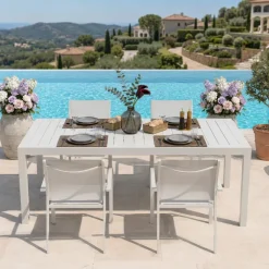Set tavolo da giardino allungabile 200/300cm bianco + 4 sedie con braccioli tondi bianco Brezza