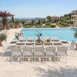 Set tavolo da giardino allungabile 200/300cm bianco + 4 sedie con braccioli tondi bianco Brezza