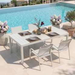 Set tavolo da giardino allungabile 200/300cm bianco + 4 sedie con braccioli tondi bianco Brezza