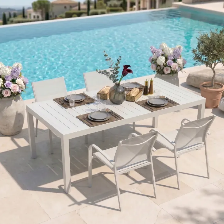Set tavolo da giardino allungabile 200/300cm bianco + 4 sedie con braccioli tondi bianco Brezza