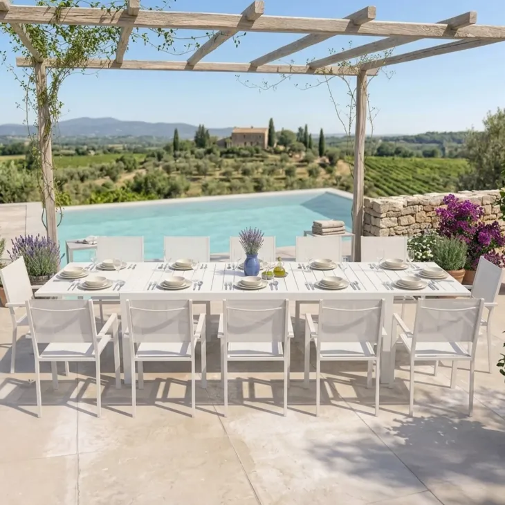 Set tavolo da giardino allungabile 200/300cm bianco + 4 sedie con braccioli quadrati bianco Brezza