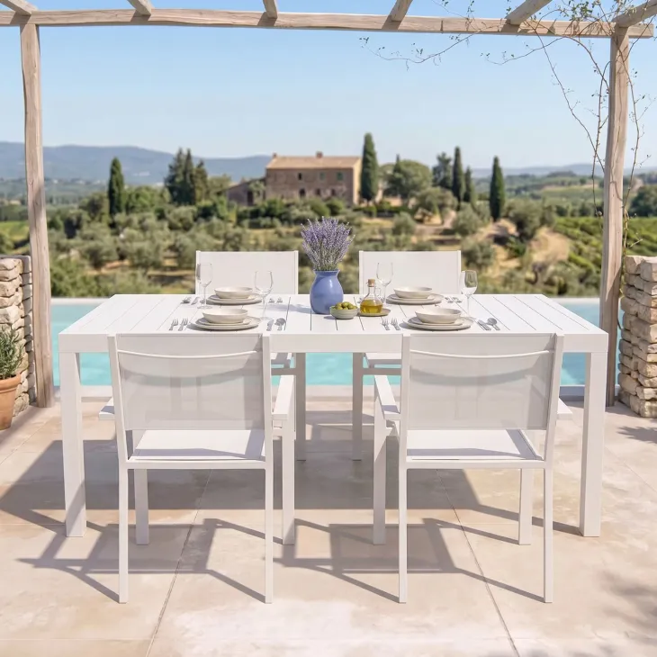Set tavolo da giardino allungabile 200/300cm bianco + 4 sedie con braccioli quadrati bianco Brezza