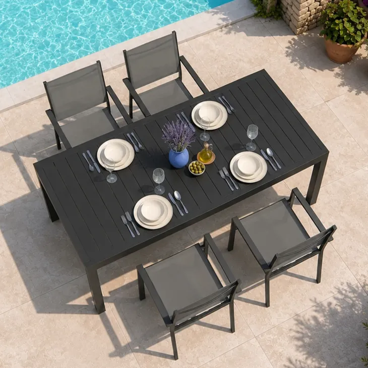 Set tavolo da giardino allungabile 200/300cm antracite + 4 sedie con braccioli quadrati antracite Brezza