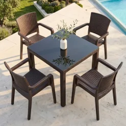 Set tavolo da giardino esterno dehors 90x90cm + 4 sedie effetto rattan marrone Solas