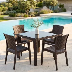 Set tavolo da giardino esterno dehors 90x90cm + 4 sedie effetto rattan marrone Solas