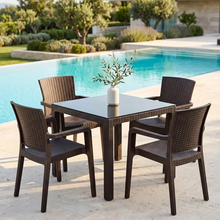 Set tavolo da giardino esterno dehors 90x90cm + 4 sedie effetto rattan marrone Solas