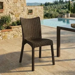 Set tavolo da giardino esterno bar dehors rettangolare 150x90cm + 6 sedie effetto rattan marrone Conchiglia