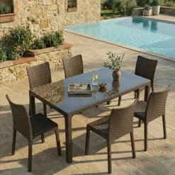 Set tavolo da giardino esterno bar dehors rettangolare 150x90cm + 6 sedie effetto rattan marrone Conchiglia