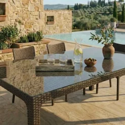 Set tavolo da giardino esterno bar dehors rettangolare 150x90cm + 6 sedie effetto rattan marrone Conchiglia