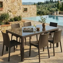 Set tavolo da giardino esterno bar dehors rettangolare 150x90cm + 6 sedie effetto rattan marrone Conchiglia