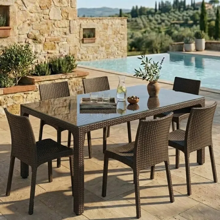Set tavolo da giardino esterno bar dehors rettangolare 150x90cm + 6 sedie effetto rattan marrone Conchiglia