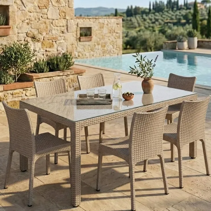 Set tavolo da giardino esterno bar dehors rettangolare 150x90cm + 6 sedie effetto rattan tortora Conchiglia