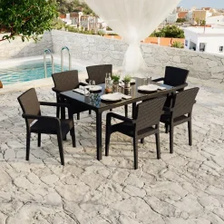 Set tavolo da giardino esterno bar dehors 150x90cm + 6 sedie con braccioli effetto rattan marrone Bora