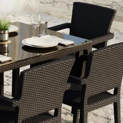 Set tavolo da giardino esterno bar dehors 150x90cm + 6 sedie con braccioli effetto rattan marrone Bora