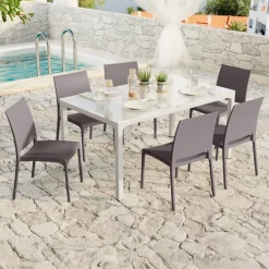 Set tavolo da giardino esterno dehors con vetro 150x90 cm bianco + 6 sedie grigio tortora Ivy
