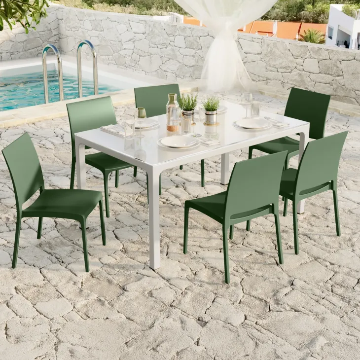 Set tavolo da giardino esterno dehors con vetro 150x90 cm bianco + 6 sedie verde Ivy