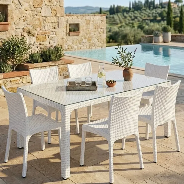 Set tavolo da giardino esterno bar dehors rettangolare 150x90cm + 6 sedie effetto rattan bianco Conchiglia