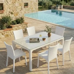 Set tavolo da giardino esterno bar dehors rettangolare 150x90cm + 6 sedie effetto rattan bianco Conchiglia