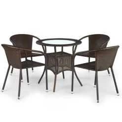 Set tavolo in vetro 74x74cm + 4 sedie da giardino in rattan marrone Cubby